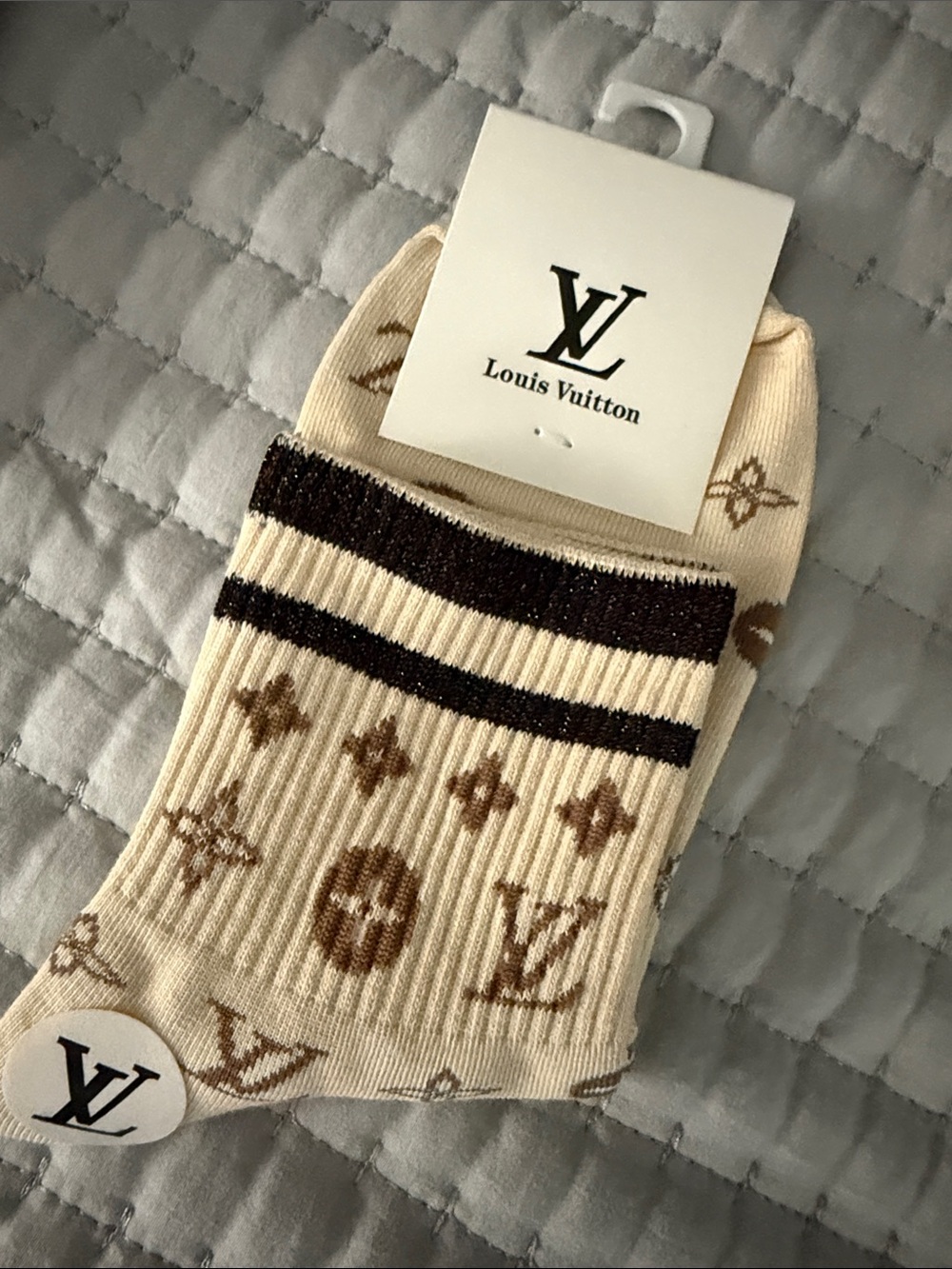 Louis Vuitton women’s Monogram Crew Socks in Beige and Brown
